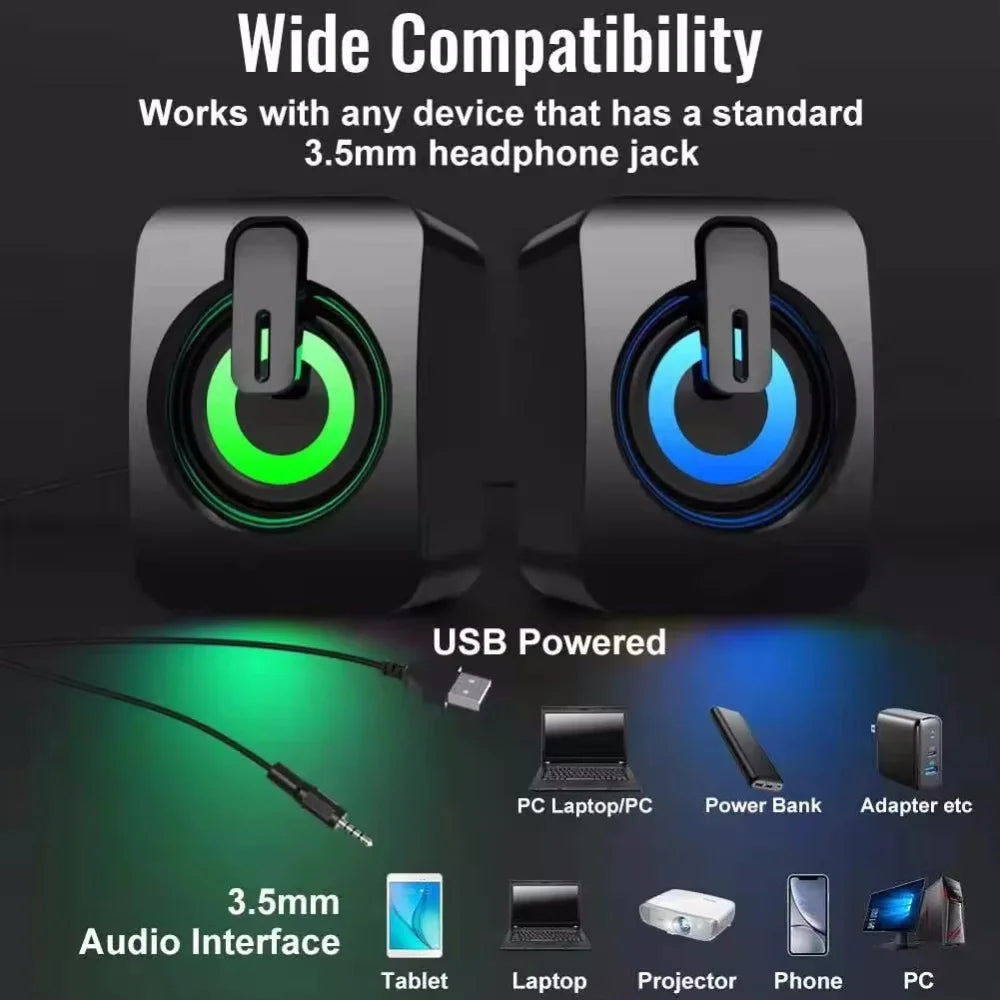 USB Wired PC Speakers with LED Light – HiFi Stereo Sound