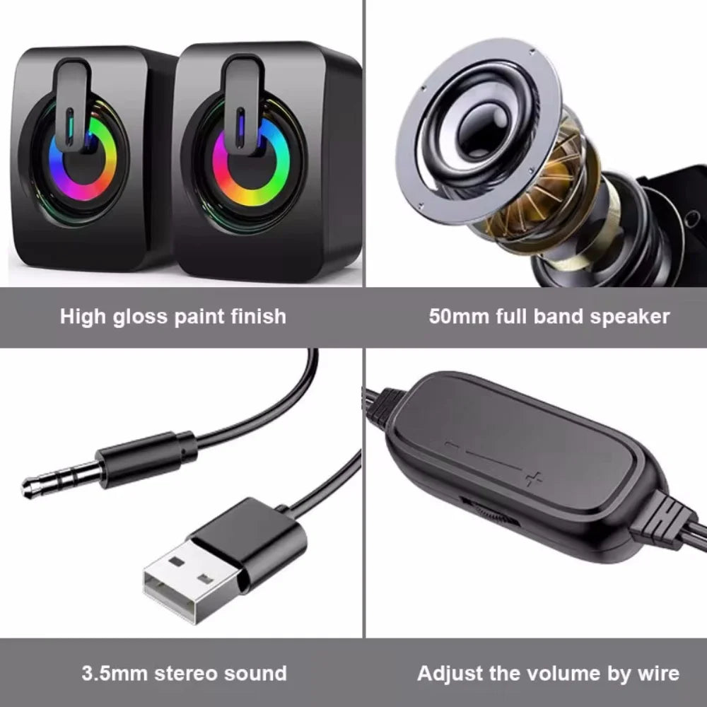 USB Wired PC Speakers with LED Light – HiFi Stereo Sound
